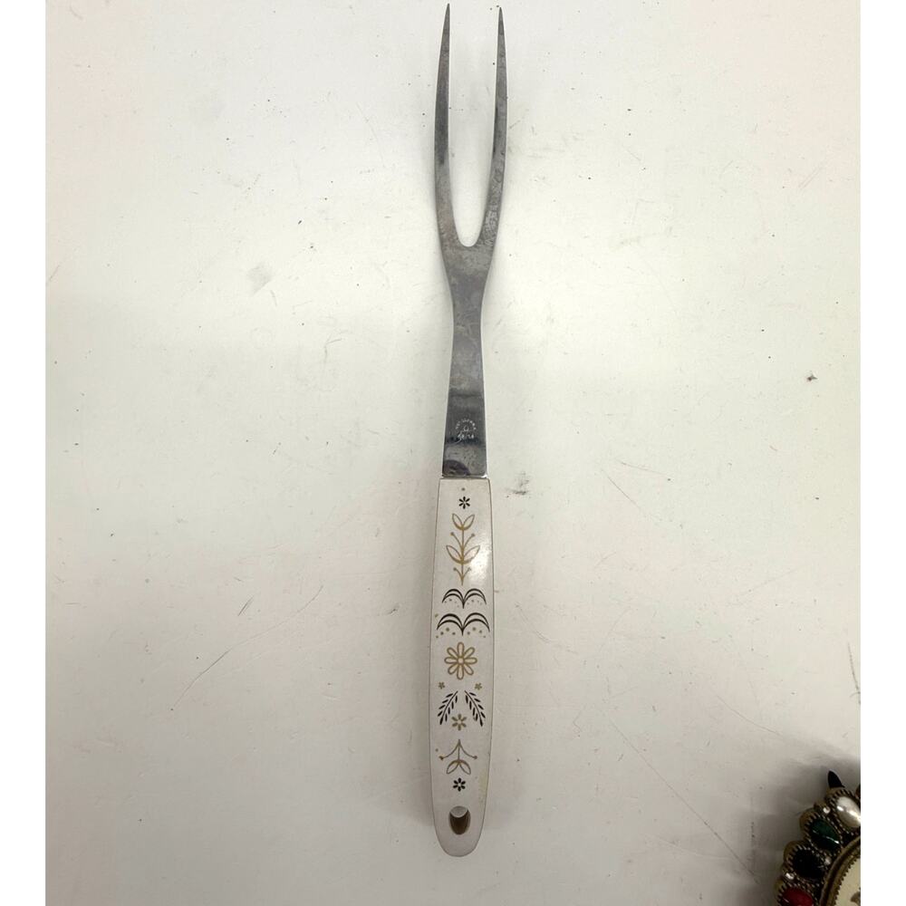 Flint Stainless USA Vintage Meat Carving Fork Floral Atomic Ivory Handle MCM